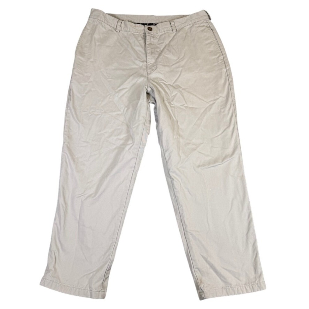 L.L. Bean Flannel Lined Chino Pants Mens 35x28 Stone Beige Plaid Lined Cotton